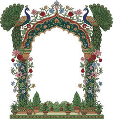 Create a Traditional Mughal wedding frame with arch, garden, peacock, flowers, and plants vector art with white background.