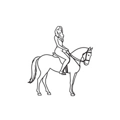 Black and white line art of a beautiful woman with perfect body riding horse elegant minimalist illustration