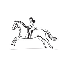 Black and white line art of a beautiful woman with perfect body riding horse elegant minimalist illustration