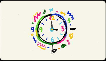 Colorful drawn clock with playful doodles and numbers  