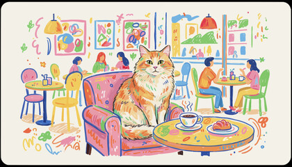 Obraz premium Cat sitting on chair in cafe with colorful decor and patrons 