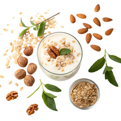 Creamy oatmeal with nuts and mint isolated on transparent background