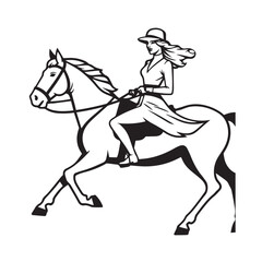 Black and white line art of a beautiful woman with perfect body riding horse elegant minimalist illustration