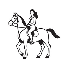Fototapeta premium Black and white line art of a beautiful woman with perfect body riding horse elegant minimalist illustration