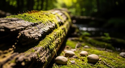 A mosscovered fallen log in a sundappled forest, with small stones scattered on the vibrant green mossy ground