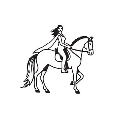 Black and white line art of a beautiful woman with perfect body riding horse elegant minimalist illustration