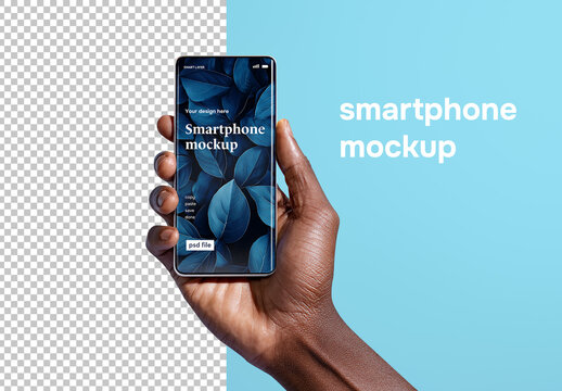 Dark skinned hand holding smartphone mockup