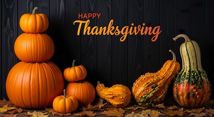 Happy Thanksgiving Pumpkins, Gourds, and Autumn Leaves
