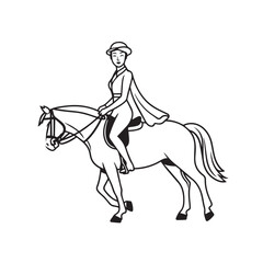 Black and white line art of a beautiful woman with perfect body riding horse elegant minimalist illustration