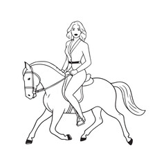 Fototapeta premium Black and white line art of a beautiful woman with perfect body riding horse elegant minimalist illustration