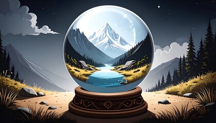 Crystal ball shows mountain landscape at night