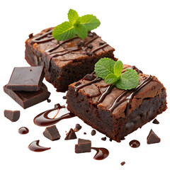Two delicious chocolate brownies with mint and chocolate chips isolated on transparent background