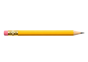 A single yellow wooden pencil with pink eraser and sharp graphite tip, isolated on white with copy space, clean studio light. Concept of stationery and education simplicity