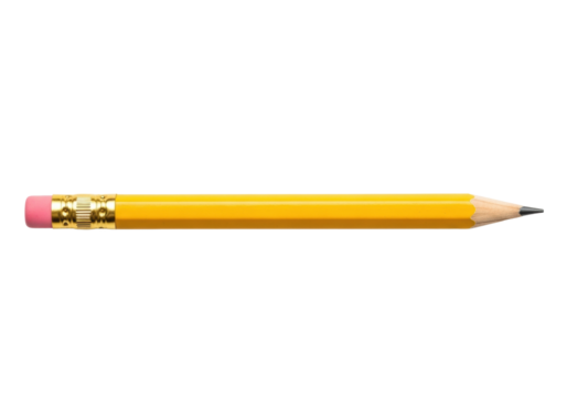 A single yellow wooden pencil with pink eraser and sharp graphite tip, isolated on white with copy space, clean studio light. Concept of stationery and education simplicity