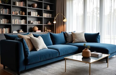 Fototapeta premium Modern living room features deep blue sectional sofa. Bookshelves line wall. Comfortable cushions, glass coffee table. Natural light streams through sheer curtains. Stylish apartment interior, nobody