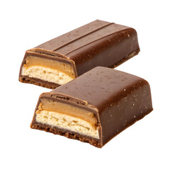 Two chocolate bars with caramel and nougat filling isolated on transparent background