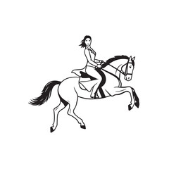 Black and white line art of a beautiful woman with perfect body riding horse elegant minimalist illustration