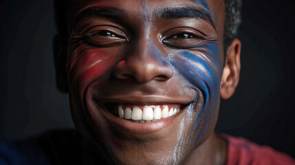 Happy smiling African man with face painted in the colors of the American flag. Election Day in the USA. America Day. Festive Mood on President's Day