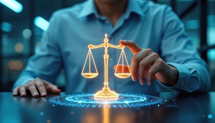 Businessman interacts with virtual AI ethics icon, artificial intelligence law, digital justice. Glowing scales of justice hover over futuristic network interface. Concept of online regulation, tech