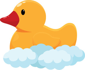 Cute yellow rubber duck enjoying a relaxing bath on top of fluffy white clouds, evoking feelings of childhood joy and bath time fun