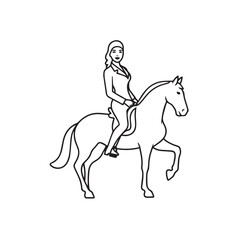 Black and white line art of a beautiful woman with perfect body riding horse elegant minimalist illustration