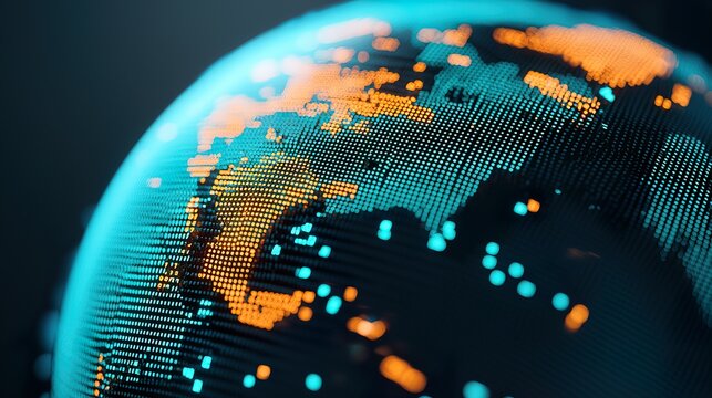 A digital globe with financial data visualization overlay, global economy, interconnected markets, 