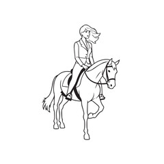 Black and white line art of a beautiful woman with perfect body riding horse elegant minimalist illustration