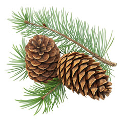 Two pine cones and pine needles isolated on transparent background