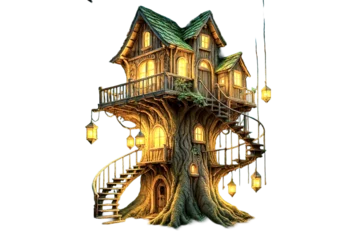Fotobehang Trappen Fantasy Treehouse With Spiral Staircases Hanging Lanterns And Warm Lights In A Giant Tree  © Razelion
