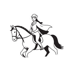 Black and white line art of a beautiful woman with perfect body riding horse elegant minimalist illustration