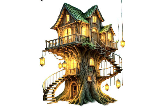 Fototapeta Fantasy Treehouse With Spiral Staircases Hanging Lanterns And Warm Lights In A Giant Tree