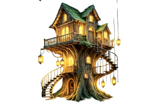 Fantasy Treehouse With Spiral Staircases Hanging Lanterns And Warm Lights In A Giant Tree