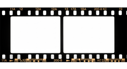 Black analog film strip, macro view, two luminous empty frames, copy space, perforations, numbers, stock markings, dark texture, on transparent, high-key light. Concept of analog media and new content