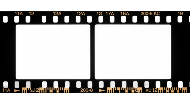 Black analog film strip, macro view, two luminous empty frames, copy space, perforations, numbers, stock markings, dark texture, on transparent, high-key light. Concept of analog media and new content