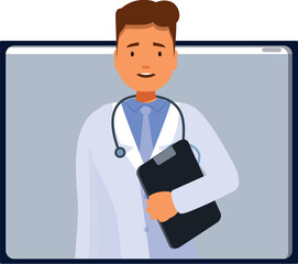 Friendly smiling doctor attending an online patient meeting via video call, holding a medical chart