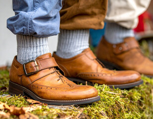 A close-up of traditional Haferlschuh (Bavarian shoes) showing their buckles and sturdy leather.