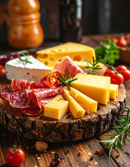 An assortment of traditional German cheeses and cold cuts are arranged on a rustic board.