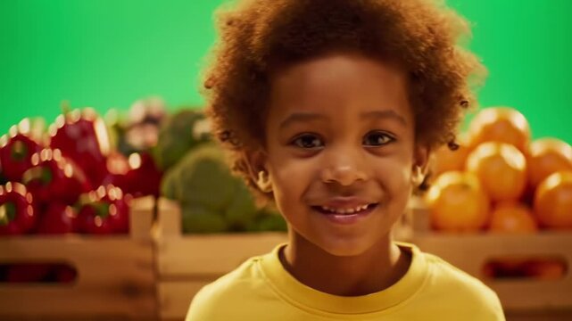 Smiling young boy stands in front of wooden crates filled with colorful fruits and vegetables against a vibrant green screen, radiating health and happiness.