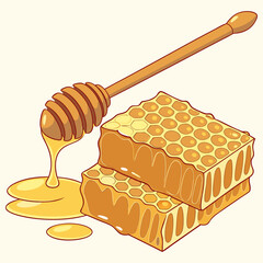 Golden Natural Honey with Honeycomb and Wooden Dipper – Pure Organic Sweet Food Isolated.