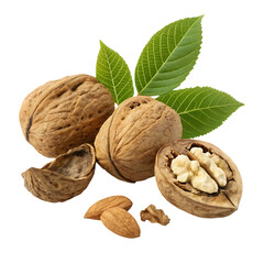 Whole and cracked walnuts with green leaves isolated on transparent background