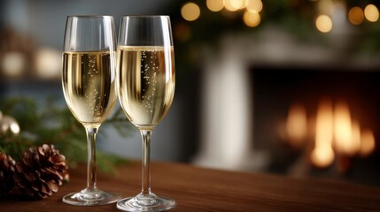 Celebrating special moments with toasting glasses of sparkling wine by a cozy fireplace