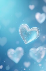 Glimmering blue hearts float on dreamy backdrop. Romantic background perfect for Valentine Day, weddings, celebration events. Soft pastel colors, bright lights, sparkly glitter creates joyful