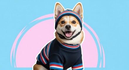 Adorable Dog Wearing Cute Winter Clothes and Matching Hat on Bright Background