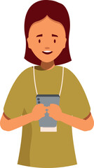 Smiling woman holding smartphone, wearing lanyard with badge, suggesting professional or event participation, highlighting mobile communication in modern context