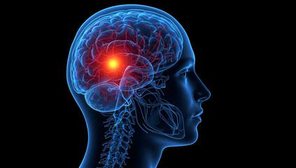 Human head with an X ray showing the brain highlighted in red, illustrating stroke diagnosis, Stroke recovery, recovery therapy, headache, head pain