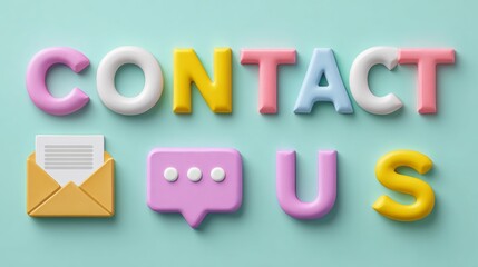 Fototapeta premium Contact us title with pastel icons of envelope and chat bubble on soft background