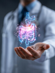 Doctor's Hand Holding Glowing Digital Human Digestive System, Representing Gut Health and Medical Innovation