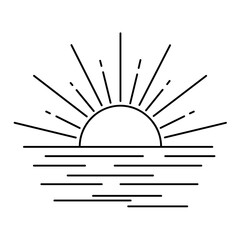 Sun rising over calm ocean waves in minimalist line art style  