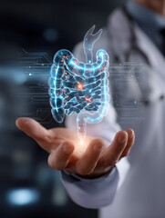 Doctor's hand presenting a glowing digital 3D model of the human digestive system with medical technology and gut health.