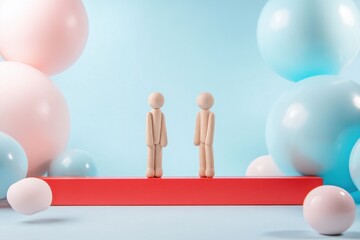 Wooden figures keeping social distance on red podium